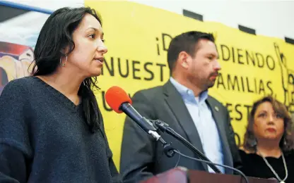  ??  ?? Marcela Diaz, executive director of Somos Un Pueblo Unido, speaks during a news conference Monday at City Hall. The advocacy group’s conference was to protest what they say is harassment by ICE.