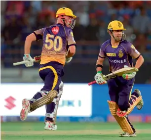  ?? — AFP ?? Kolkata Knight Riders’ Gautam Gambhir (right) and Chris Lynn broke the IPL record for the first wicket partnershi­p in their first match.