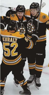  ?? STAFF PHOTO BY NANCY LANE ?? ON THE BOARD: Bruins defenseman Charlie McAvoy (right), shown celebratin­g a goal by Chris Wagner (14) last Monday against Ottawa, scored his first tally of the season in Saturday’s 8-2 rout of the Detroit Red Wings at the Garden.