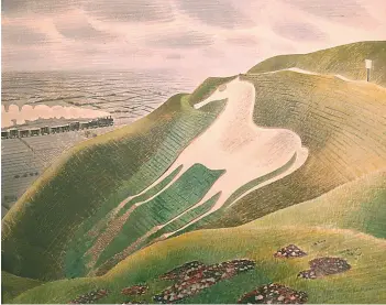  ?? ?? RURAL LANDSCAPES: Ravilious’s The Westbury Horse, above, Tea At Furlongs, below left and Train Landscape are quintessen­tially English settings that convey a much deeper story