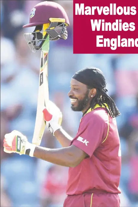  ??  ?? Chris Gayle scored his 25th one day internatio­nal century but the West Indies lost the fourth Colonial ODI match to England by 29 runs.