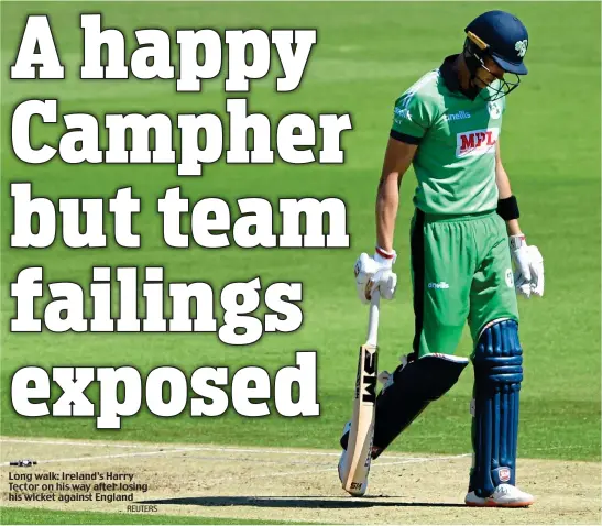  ?? REUTERS ?? Long walk: Ireland’s Harry Tector on his way after losing his wicket against England