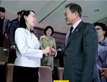  ??  ?? DIVIDES THAT BIND Moon, right, shakes hands with Kim Yo Jong in Seoul. He will likely come under domestic pressure to attend a summit in Pyongyang soon.