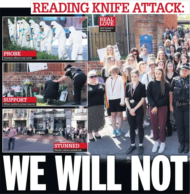  ??  ?? PROBE
Forensics officers near scene
SUPPORT
Officer comforts school mourner
STUNNED Minute’s silence outside pub
REAL LOVE Holt School in Wokingham