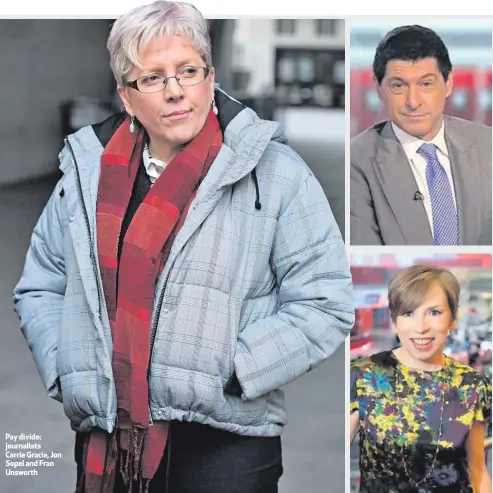  ??  ?? Pay divide: journalist­s Carrie Gracie, Jon Sopel and Fran Unsworth