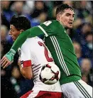  ??  ?? BATTLING: Kyle Lafferty in action for Northern Ireland against Switzerlan­d