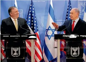  ?? AP ?? US Secretary of State Mike Pompeo and Israeli Prime Minister Benjamin Netanyahu deliver joint statements during their meeting in Jerusalem.