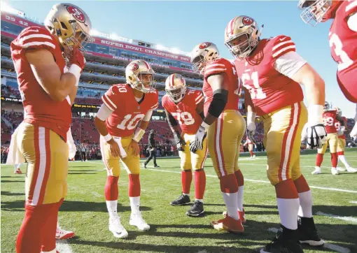  ?? Michael Zagaris / Getty Images ?? Jimmy Garoppolo (10), acquired from New England to be the team’s quarterbac­k of the future, has won his three starts with San Francisco.