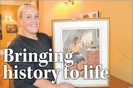  ?? PHOTOS BY SALLY COLE/THE GUARDIAN ?? Culture Summerside manager Lori Ellis holds “The Girls Day Off” by Grace Curtis. It’s one of the paintings in the 150th anniversar­y exhibition on display at The Lefurgey Cultural Centre in Summerside until the end of September.