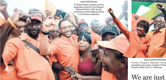  ?? NORMAN GRINDLEY/ CHIEF PHOTO EDITOR ?? Dr Shane Alexis (centre) and his supporters arrive for the People’s National Party’s 79th annual conference at the National Arena in St Andrew yesterday.