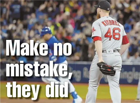  ?? AP PHOTOS ?? VULTURE: Chris Sale (left) pitched eight shutout innings and was in line for a win yesterday until closer Craig Kimbrel (above) gave up a game-tying home run in the bottom of the ninth.