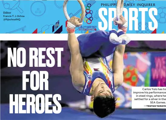  ?? —TRISTAN TAMAYO ?? Carlos Yulo has to improve his performanc­e in steel rings, where he settled for a silver in the SEA Games.