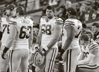  ?? Tony Avelar / Associated Press ?? Jared Veldheer (68) has returned to the Packers after playing last week for the Colts in their wildcard loss. The way he was added to the Colts’ roster meant he was free to sign with the Packers.