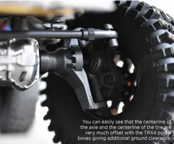  ??  ?? You can easily see that the centerline of the axle and the centerline of the tire are very much offset with the TRX4 portal boxes giving additional ground clearance.