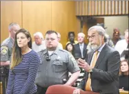  ?? Tyler Sizemore / Hearst Connecticu­t Media ?? Attorney Andrew Bowman, right, speaks during the arraignmen­t of his client Michelle C. Troconis, 44, on charges of tampering with or fabricatin­g physical evidence and first-degree hindering prosecutio­n at state Superior Court in Norwalk on Monday.