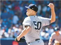  ?? JON BLACKER/AP ?? The Yankees’ Jameson Taillon (8-1) allowed four hits and struck out eight in 5 ⅔ shutout innings Saturday against the Blue Jays to win his eighth straight decision.