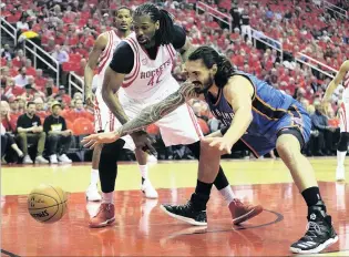  ?? PHOTO: USA TODAY SPORTS ?? That’s mine . . . Oklahoma City Thunder forward Steven Adams (right) reaches for a loose ball in front of Houston Rockets centre Nene Hilario during game five of the NBA Western Conference first round playoff series at Toyota Centre in Houston...