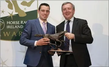  ??  ?? Point to point award winner Barry O’Neill with Minister Michael Creed T.D.