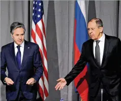  ?? JONATHAN NACKSTRAND/POOL VIA AP ?? U.S. Secretary of State Antony Blinken (left) and Russian Foreign Minister Sergey Lavrov take their seats as they prepare to meet Thursday in Stockholm.