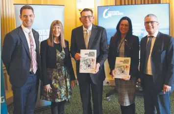  ??  ?? FORWARD PLANNING: The Commonweal­th Bank’s Josh Mitchell, left, Committee for Geelong CEO Rebecca Casson, Premier Daniel Andrews, Geelong MP Christine Couzens and CfG chairman Dan Simmonds at Parliament House for the launch of the proposed Second City policy framework in July.