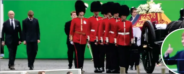  ?? ?? FILmIng: Rufus Kampa as William in The Crown’s funeral reenactmen­t and, inset below, Will Powell as Harry