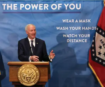  ?? (Arkansas Democrat-Gazette/Thomas Metthe) ?? Gov. Asa Hutchinson answers a question during the weekly COVID-19 press conference on Tuesday, Jan. 5,, at the state Capitol in Little Rock.