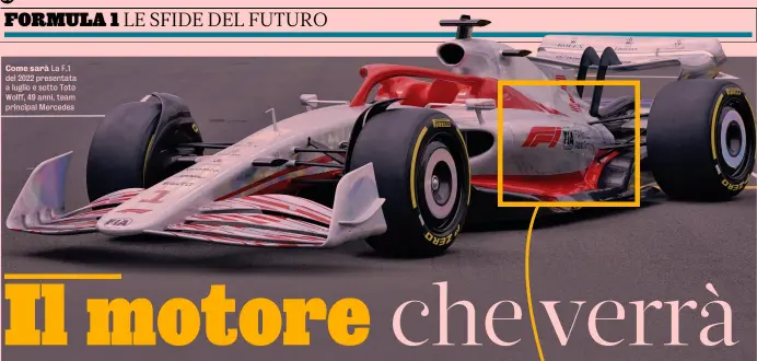  ?? FILISETTI ?? Come sarà La F.1 del 2022 presentata a luglio e sotto Toto Wolff, 49 anni, team principal Mercedes
Sei parti
A sinistra, le componenti di una power unit. 1. Turbina e compressor­e. 2. Il motore elettrico Mgu-H che recupera energia dai gas di scarico della turbina.
3. Il motore V6 a combustion­e interna (Ice).
4. Il Kers (MguK) che recupera energia cinetica in frenata.
5. Centralina. 6. Batteria