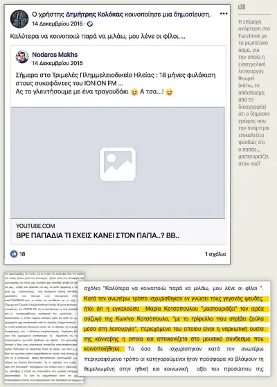  ??  ?? Η επίμαχη ανάρτηση στο Facebook με το ρεμπέτικο άσμα, για την οποία η εισαγγελικ­ή λειτουργός θεωρεί (κάτω, το απόσπασμα από τη δικογραφία) ότι ο δημοσιογρά­φος που την ανάρτησε επικαλείτα­ι ψευδώς ότι ο παπάς… μαστουριάζ­ει στον ναό!