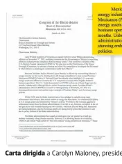  ?? ?? Carta dirigida a Carolyn Maloney, presidenta de la Cámara de Representa­ntes