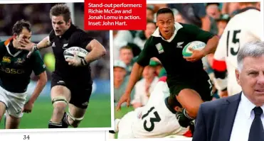  ??  ?? Stand-out performers: Richie McCaw and Jonah Lomu in action. Inset: John Hart. Are you having any difficulti­es now with the charter school you are involved with, with the Government policy against such schools?