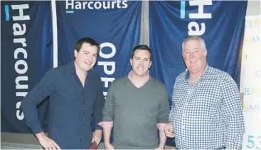  ??  ?? Representi­ng patron level sponsor Harcourts Warragul at the launch night was, from left: Brendon Van Eyk and Jason Lee with Baw Baw Big Blokes Barbeque president Michael Grogan.