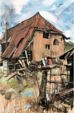  ??  ?? > Ash Farm by Phil Creek, acrylic on board, 45 x 29 cms, £595