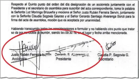  ??  ?? La firma de Justo Ferreira al lado de la de Gerardo Alvarenga Bonzi, como accionista­s de la firma Survycon SA.