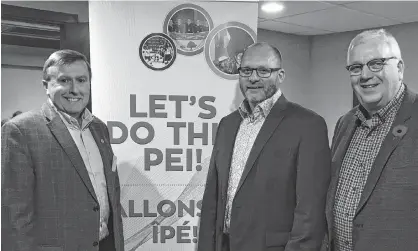  ?? PHOTO SUBMITTED ?? Co-chairman Wayne Carew, left, stands with Kyle Dudley, the newly appointed 2023 Canada Winter Games CEO, and Brian McFeely, who is the other co-chairman, earlier this week.