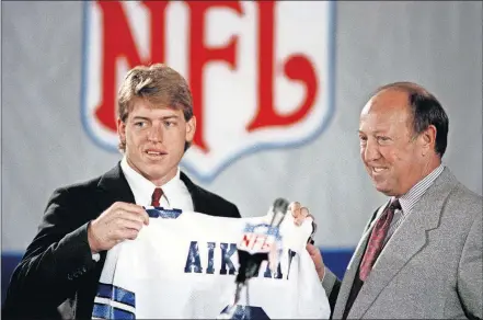  ??  ?? After transferri­ng from Oklahoma to UCLA, Troy Aikman (left) was the first overall pick in the 1989 NFL Draft by the Dallas Cowboys. A Hall of Fame career followed. [AP PHOTO/MARK LENNIHAN, FILE]