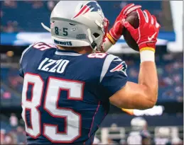  ?? File photo by Joe Jacobs ?? The Patriots are counting on Ryan Izzo (85) to provide depth at tight end, with Ben Watson and Lance Kendricks suspended to start the season.