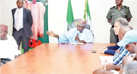  ?? Photo: Yobe Govt. House ?? The Deputy Governor of Yobe State, Engr. Abubakar D. Aliyu (middle) with the Deputy Humanitari­an Coordinato­r, United Nations System in Nigeria, Mr Yassine Gaba (5th right) and his team, during Gaba’s courtesy call to Government House in Damaturu...