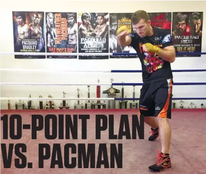  ?? AP FOTO ?? PACQUIAO’S
WALL. Jeff Horn trains in a gym which has posters of Manny Pacquiao’s previous big fights.
