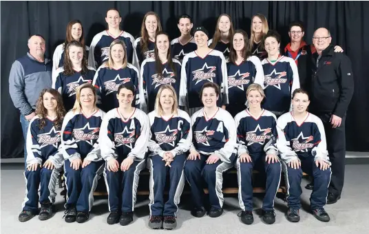  ??  ?? The Canadian Championsh­ip Gold Medal team includes (front), Veronique Cayer, Lisa Labelle, Trisha Lacombe, Dara Ferguson, Cynthia Wever, Kyla Burwash, Cashelle Baldwin; (middle row), Kevin Kealey (coach), Jenna James, Janessa Byers, Amy Corvinelli,...