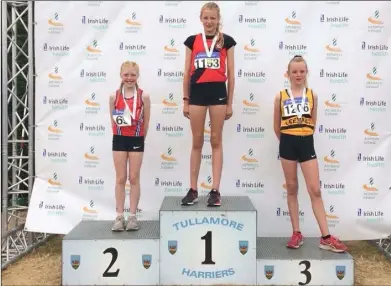  ??  ?? Grainne Moran (left), Dundalk St Gerards AC, who finished second in the U-12 girls 600m at the All-Ireland juvenile championsh­ips in Tullamore.