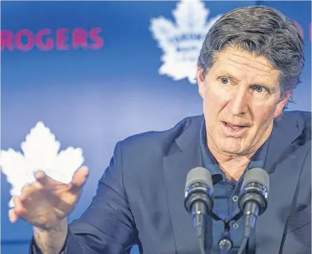  ?? CRAIG ROBERTSON/TORONTO SUN ?? Toronto Maple Leafs head coach Mike Babcock speaks to the media during the team’s year-end availabili­ty in Toronto in April.