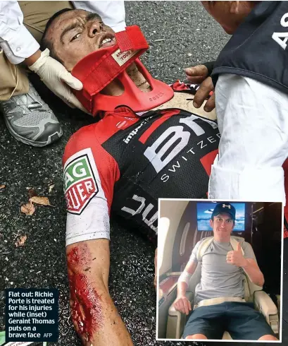  ??  ?? Flat out: Richie Porte is treated for his injuries while (inset) Geraint Thomas puts on a brave face