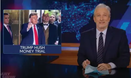  ?? Photograph: YouTube ?? Jon Stewart: ‘This is the trial where Trump allegedly paid hush money to an adult film star that he slept with, and then allegedly falsified business records to cover it up.’