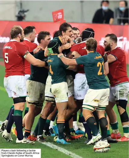  ??  ?? Players clash following a tackle from Cheslin Kolbe of South Africa Springboks on Conor Murray