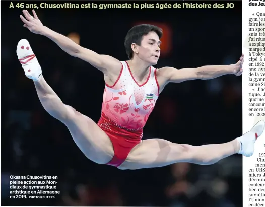  ?? PHOTO REUTERS ?? Oksana Chusovitin­a en pleine action aux Mondiaux de gymnastiqu­e artistique en Allemagne en 2019.