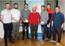  ??  ?? Ruairi O’Connor, Francie White and Paul Logan presenting the award for 2nd place to (l-r), Conor McKeon, Mark Kelly, Richard Graham and James Fallon at the Mark Templeton White Golf Memorial prizegivin­g in aid of Noth West Hospice in Castle Dargan last Friday.