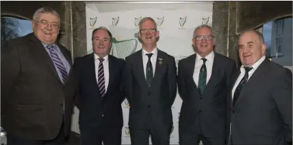  ??  ?? The Leinster Council executive committee for the next three years (from left): Colm Finnegan (Wicklow, Treasurer), Derek Kent (Wexford, Vice-Chairman), Pat Teehan (Offaly, Chairman), Michael Reynolds (Laois, Secretary), Pat Lynagh (Westmeath, P.R.O.).