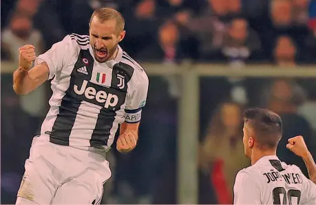  ?? GETTY IMAGES ?? Giorgio Chiellini, 34 anni, esulta così dopo il gran gol del 2-0 segnato sabato alla Fiorentina, il suo primo stagionale