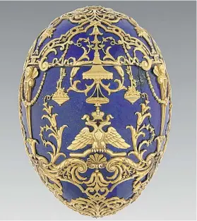  ??  ?? Russians had a tradition of giving Easter eggs as presents to family members. Fabergé created eggs made of gold, ivory, enamel and jewels.