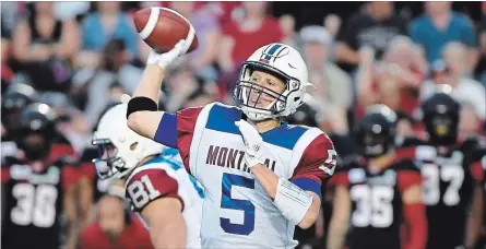  ?? CANADIAN PRESS FILE PHOTO ?? Montreal Alouettes quarterbac­k Drew Willy makes a pass against the Redblacks during pre-season action in Ottawa on May 31.